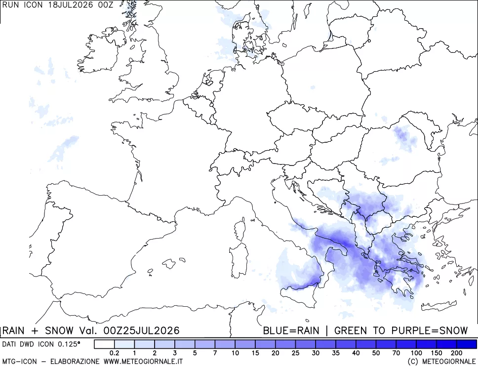 mappa Precipitazioni totali e nevose 24 ore precedenti