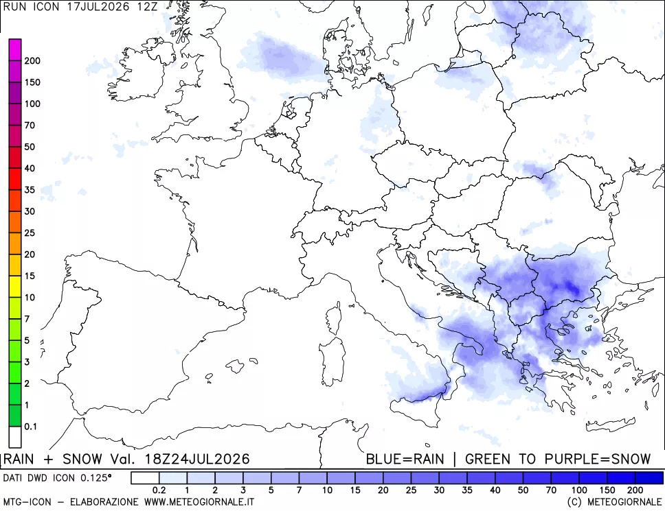 mappa Precipitazioni totali e nevose 24 ore precedenti