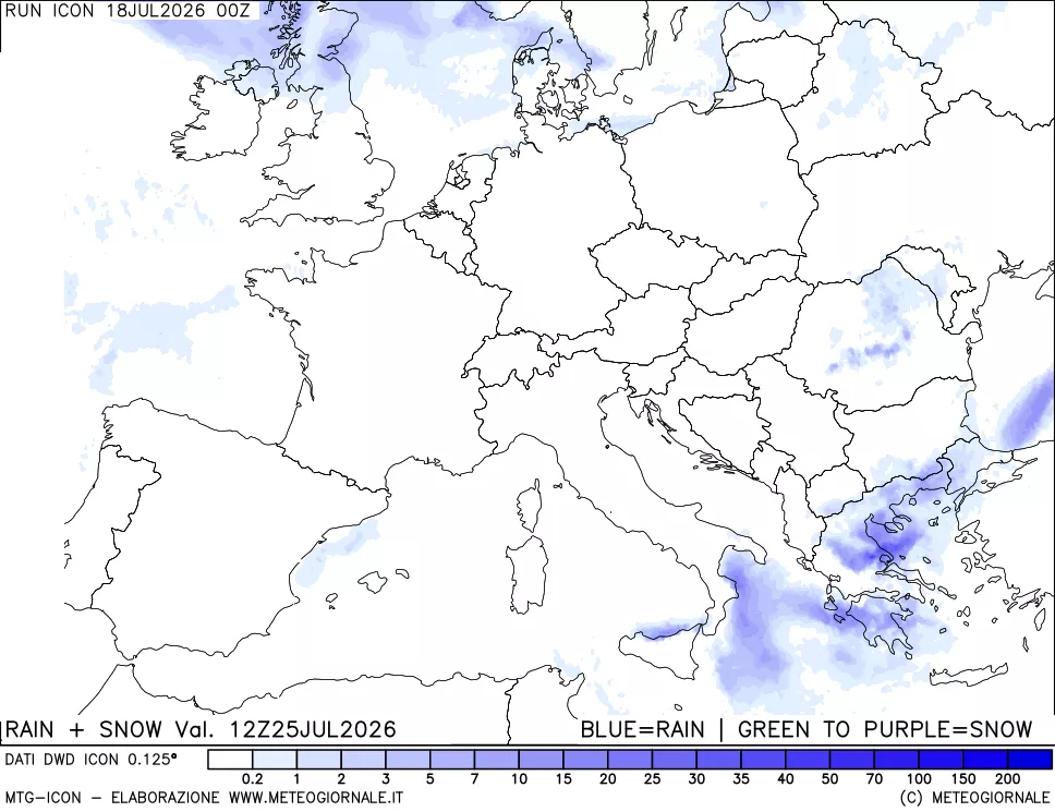 mappa Precipitazioni totali e nevose 24 ore precedenti