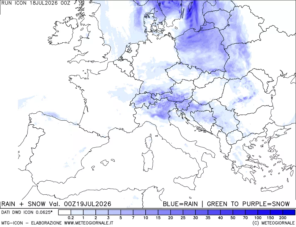 mappa Precipitazioni totali e nevose 24 ore precedenti