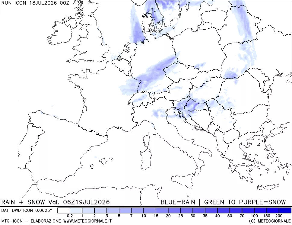 mappa Precipitazioni totali e nevose 24 ore precedenti