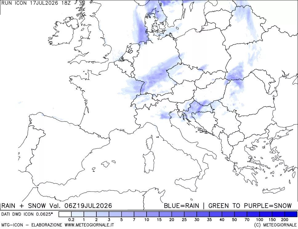 mappa Precipitazioni totali e nevose 24 ore precedenti