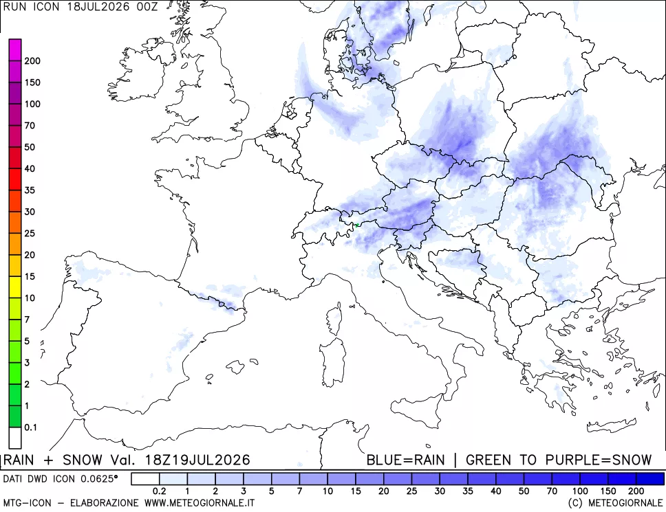 mappa Precipitazioni totali e nevose 24 ore precedenti