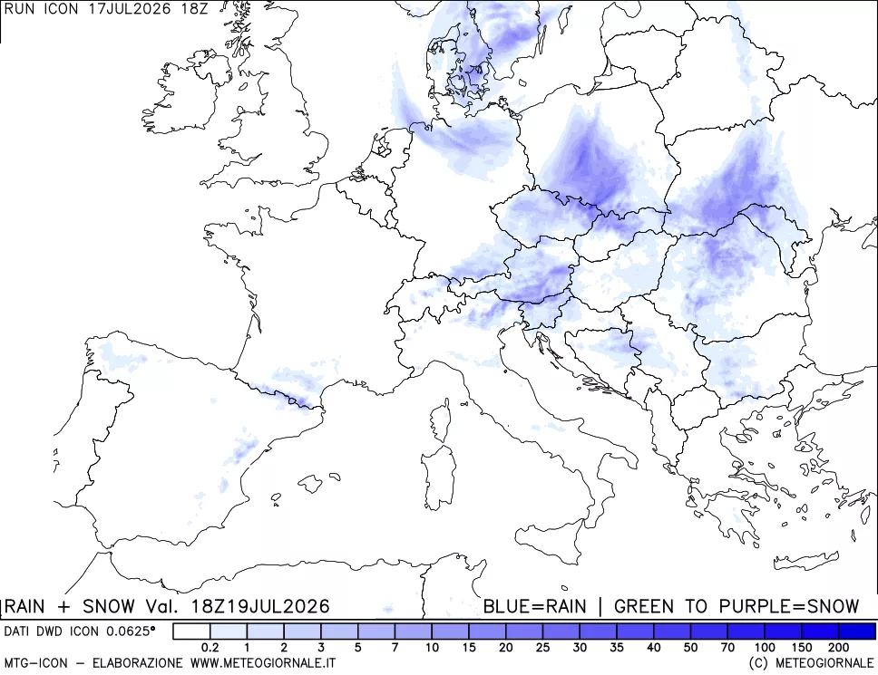 mappa Precipitazioni totali e nevose 24 ore precedenti