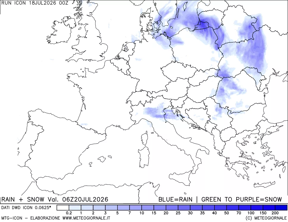 mappa Precipitazioni totali e nevose 24 ore precedenti