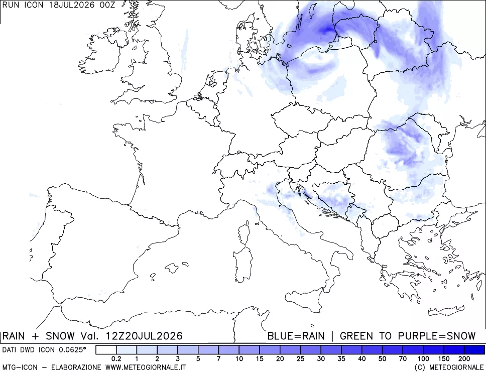 mappa Precipitazioni totali e nevose 24 ore precedenti