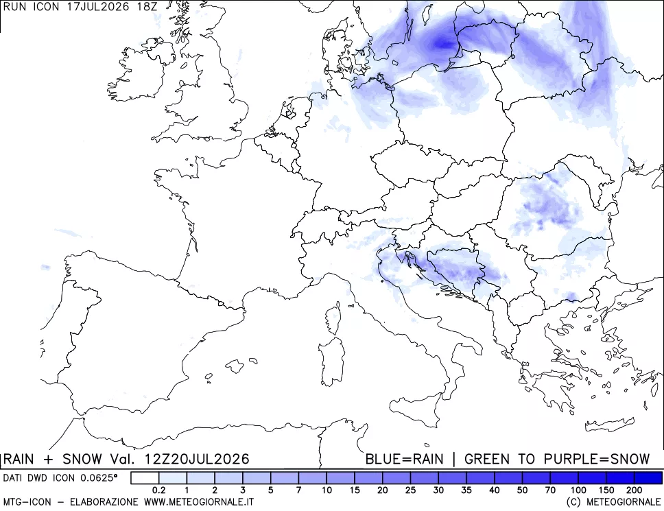mappa Precipitazioni totali e nevose 24 ore precedenti