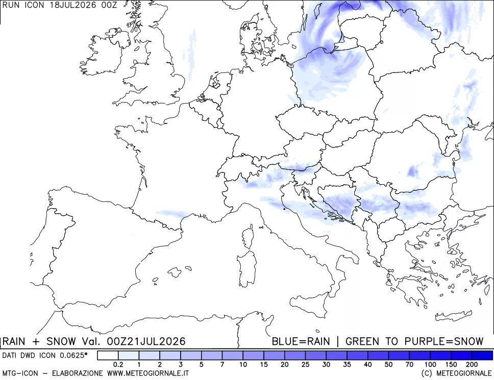 mappa Precipitazioni totali e nevose 24 ore precedenti