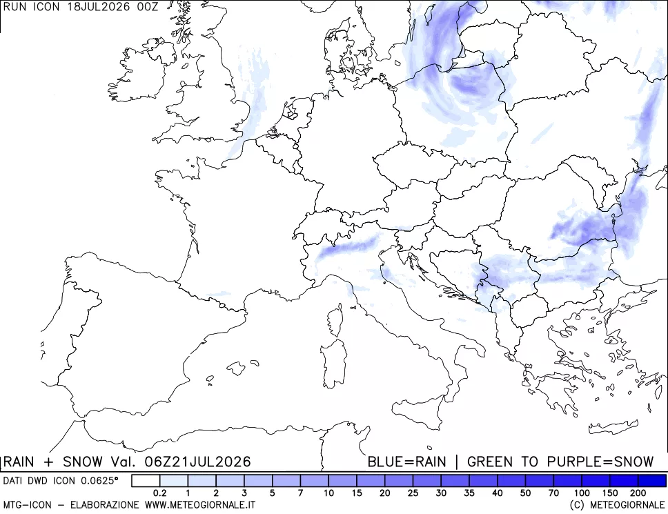 mappa Precipitazioni totali e nevose 24 ore precedenti