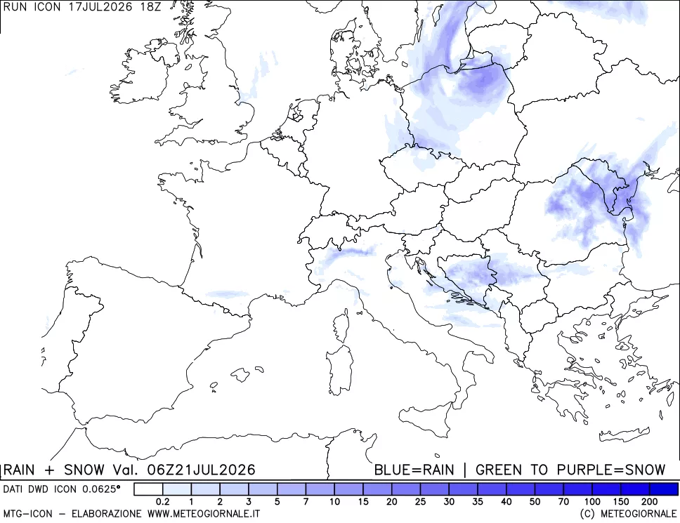 mappa Precipitazioni totali e nevose 24 ore precedenti