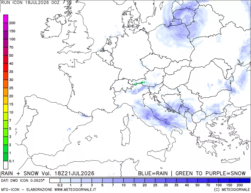 mappa Precipitazioni totali e nevose 24 ore precedenti