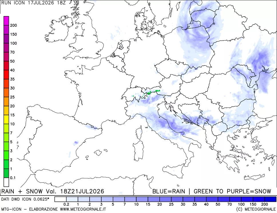 mappa Precipitazioni totali e nevose 24 ore precedenti