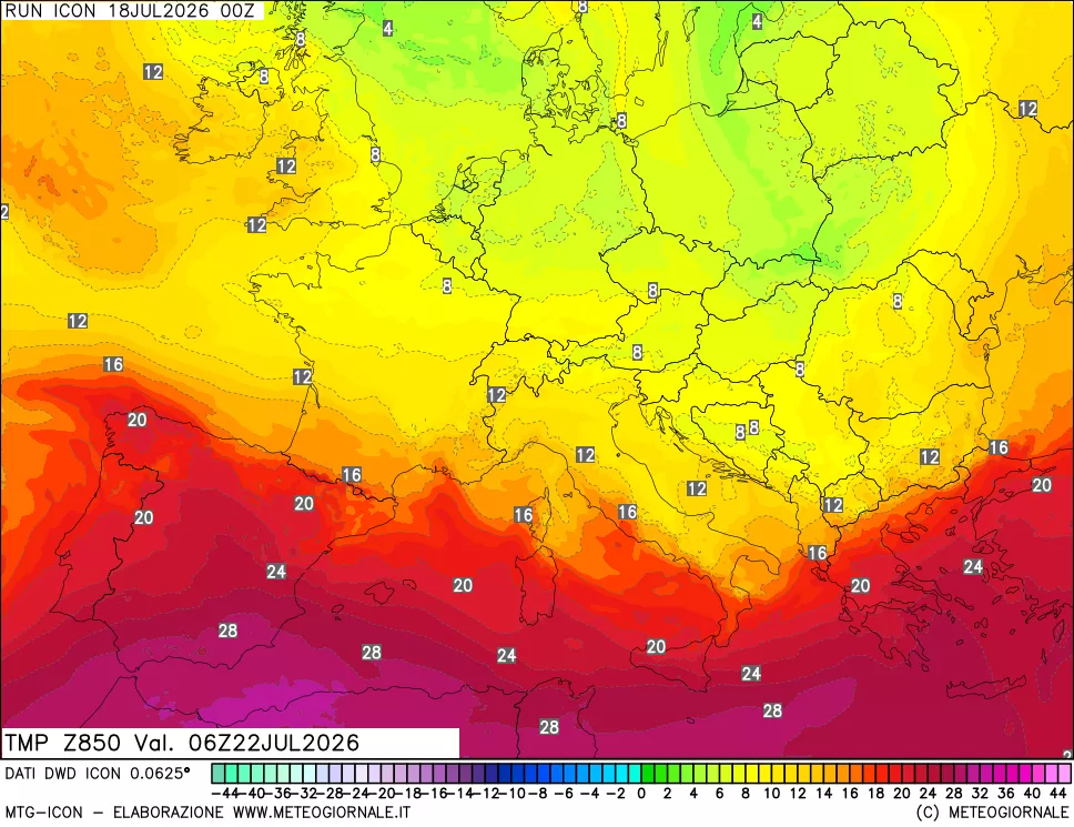 mappa 850 hPa Temp