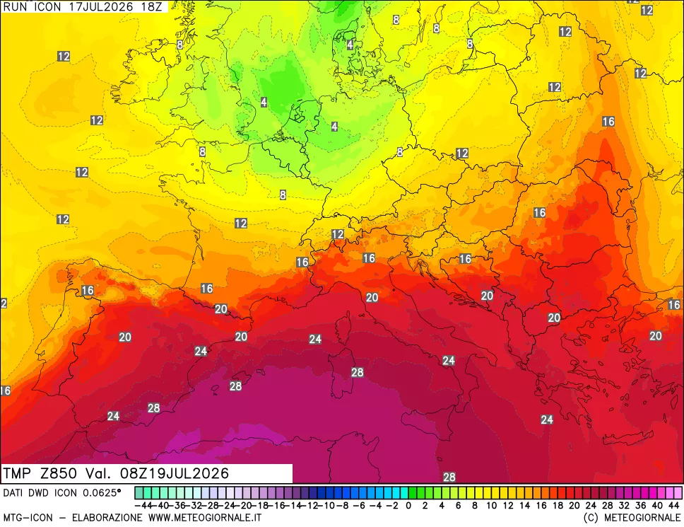 mappa 850 hPa Temp
