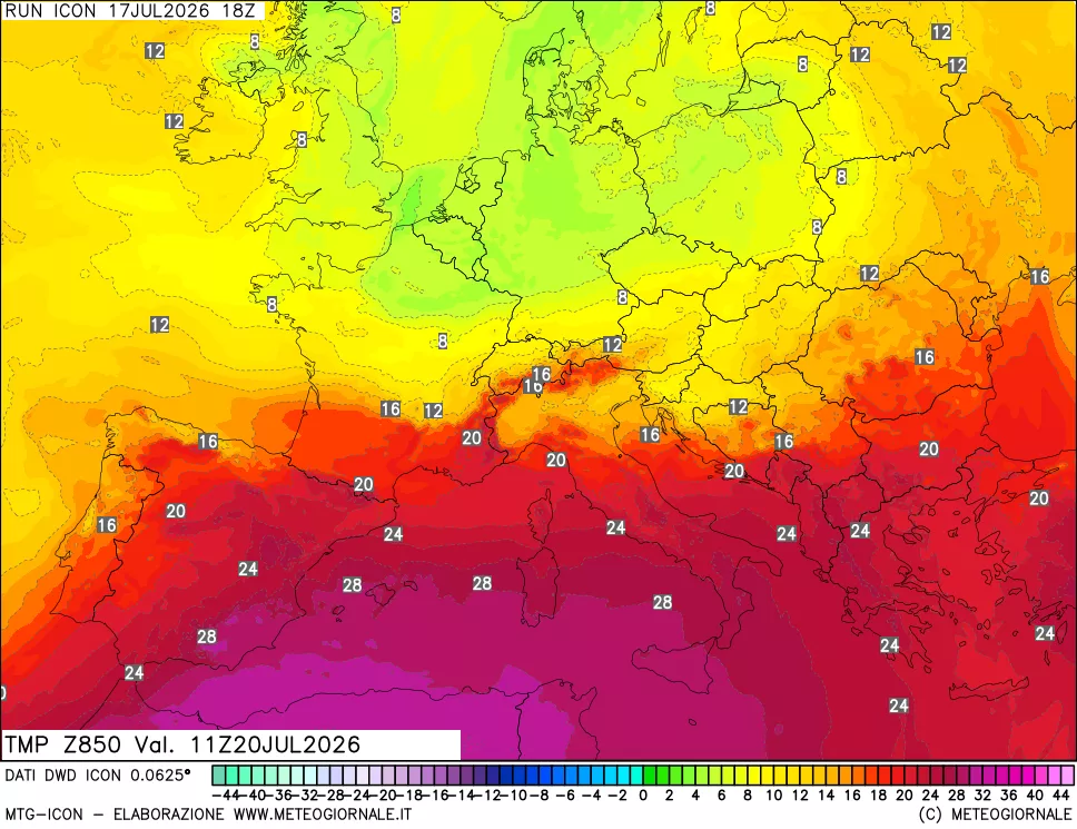 mappa 850 hPa Temp