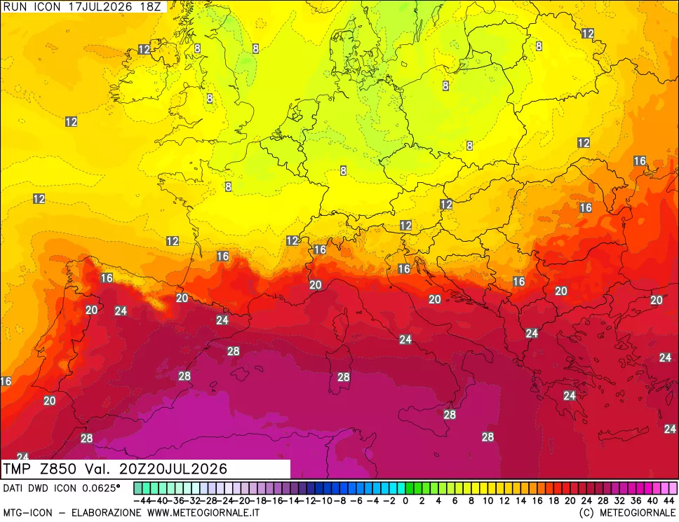 mappa 850 hPa Temp