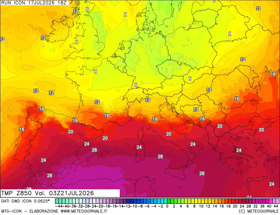 mappa 850 hPa Temp