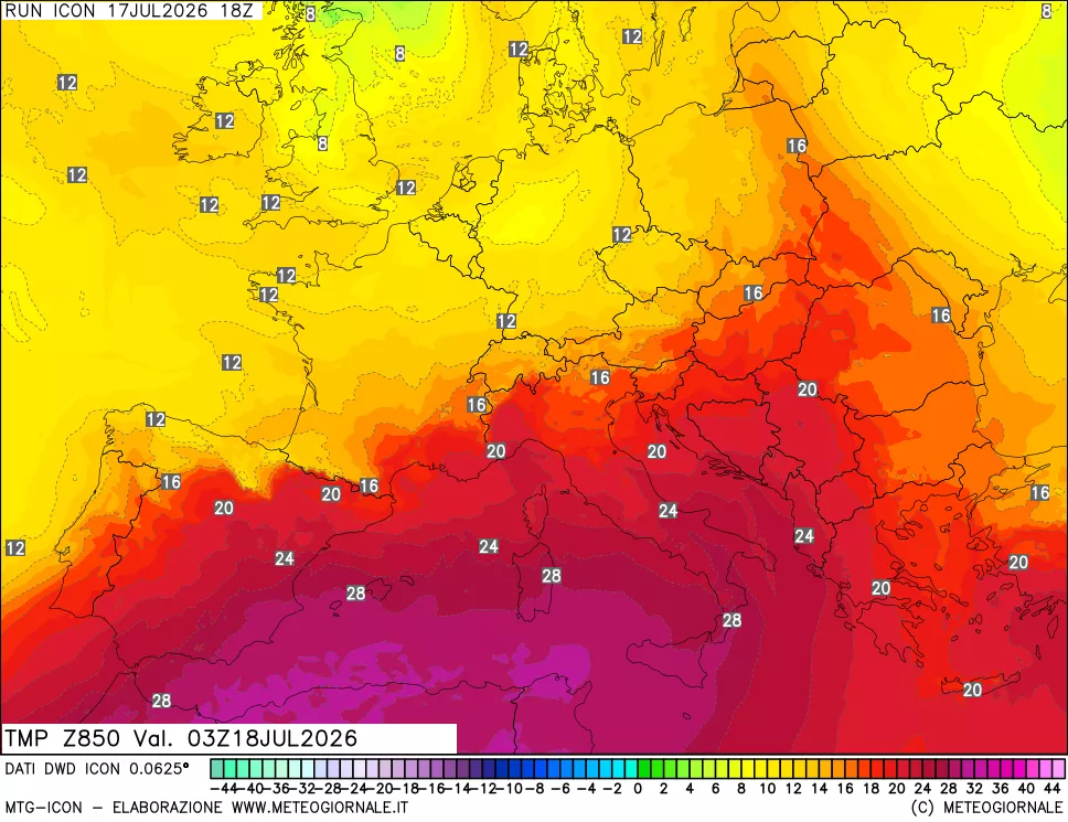 mappa 850 hPa Temp