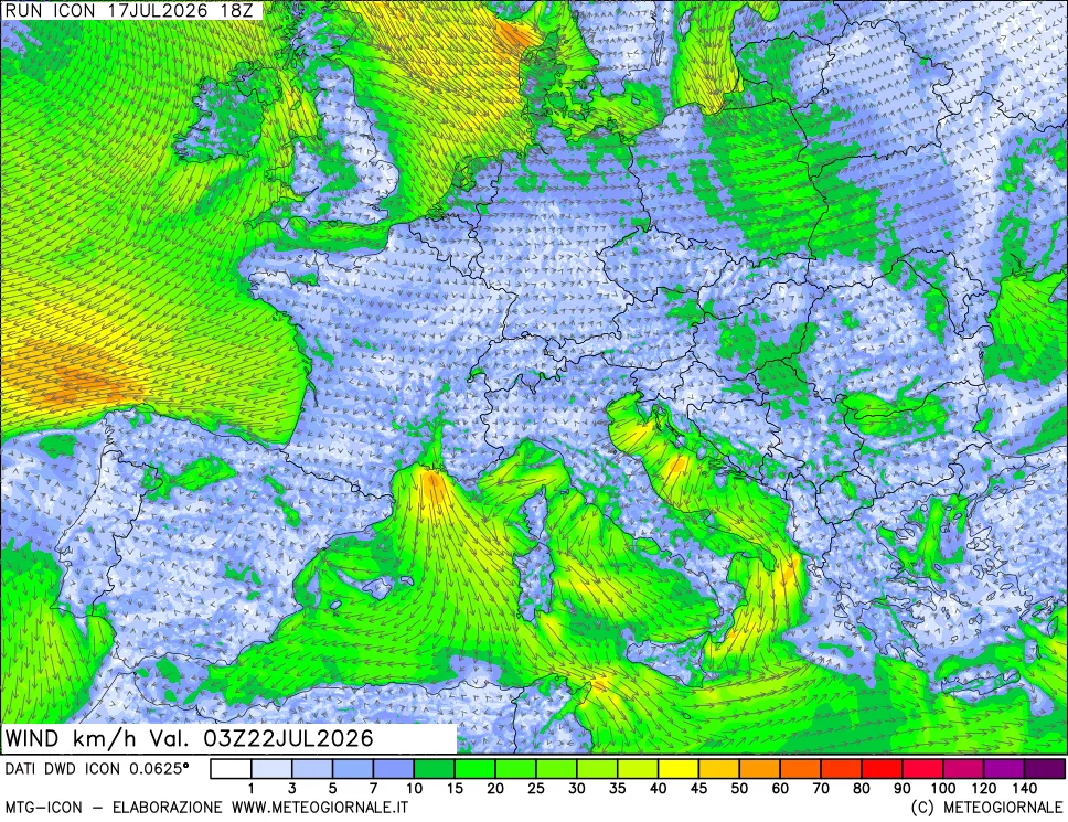 mappa 10 m Vento forza e direzione