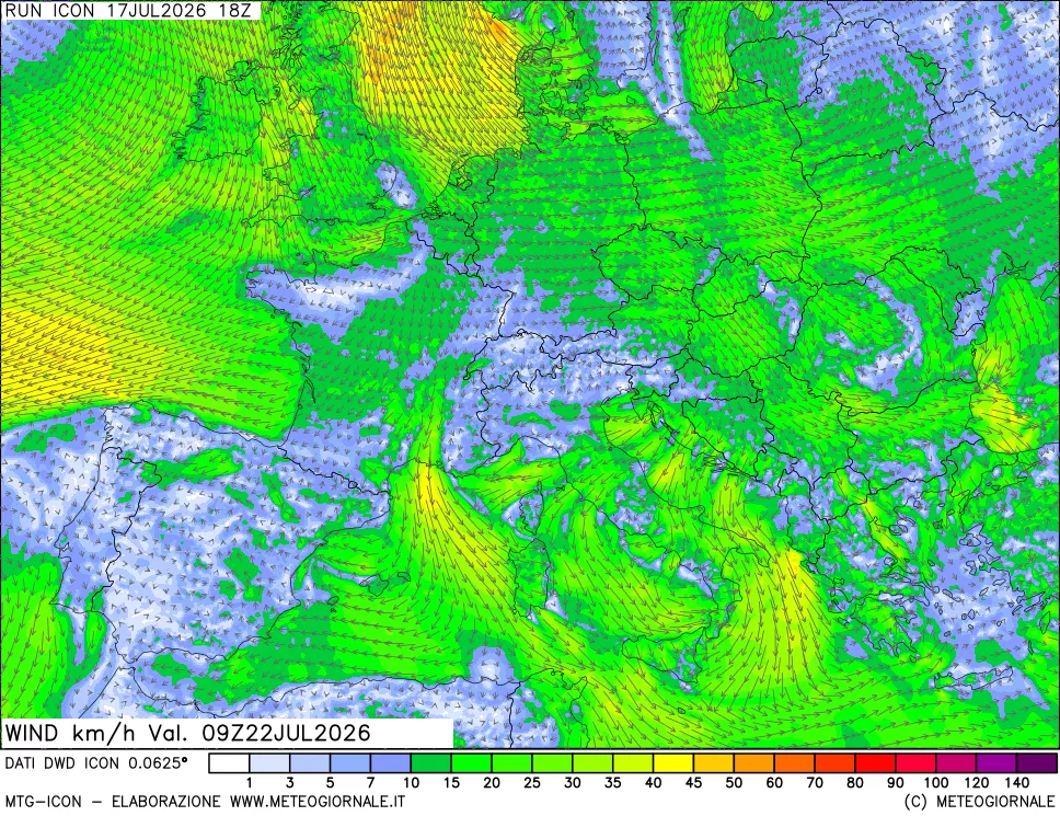 mappa 10 m Vento forza e direzione