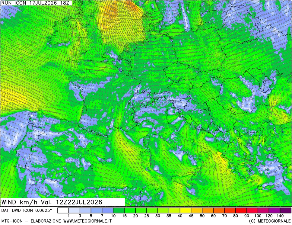 mappa 10 m Vento forza e direzione