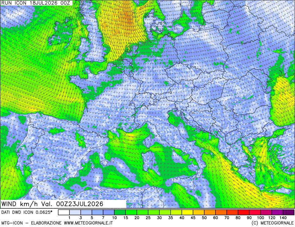 mappa 10 m Vento forza e direzione