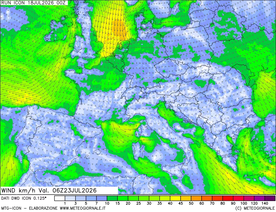 mappa 10 m Vento forza e direzione