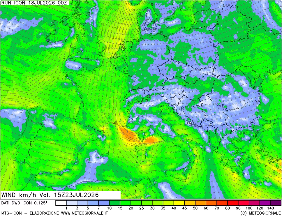 mappa 10 m Vento forza e direzione