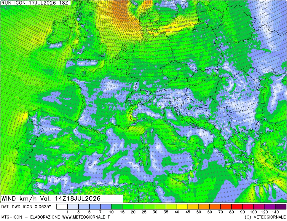 mappa 10 m Vento forza e direzione
