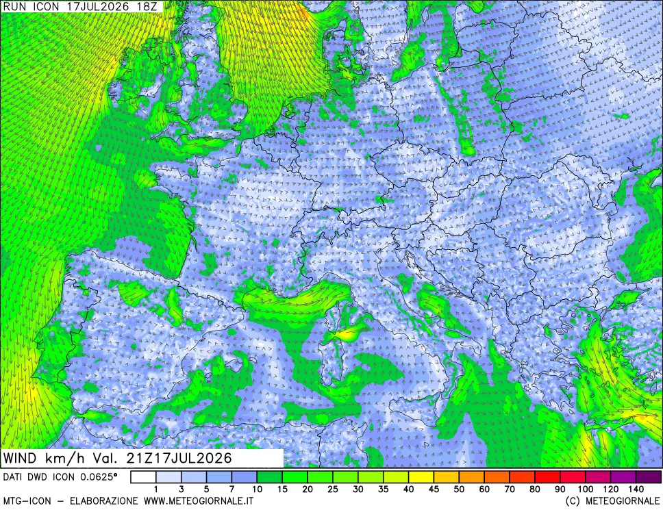 mappa 10 m Vento forza e direzione