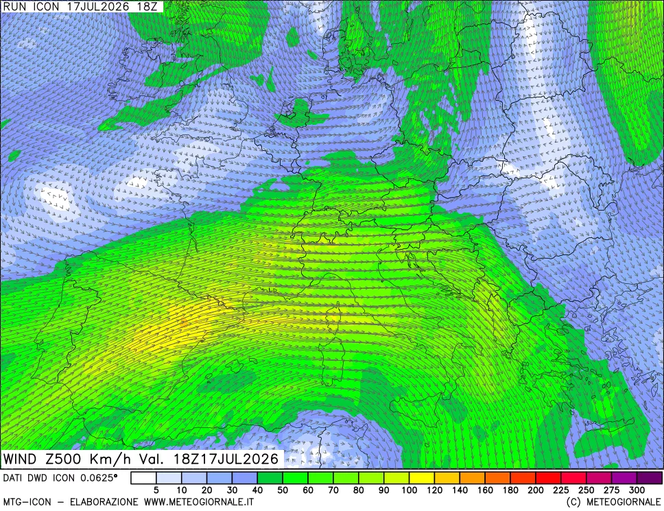 mappa 500 hPa Vento forza e direzione