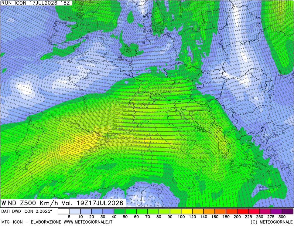 mappa 500 hPa Vento forza e direzione