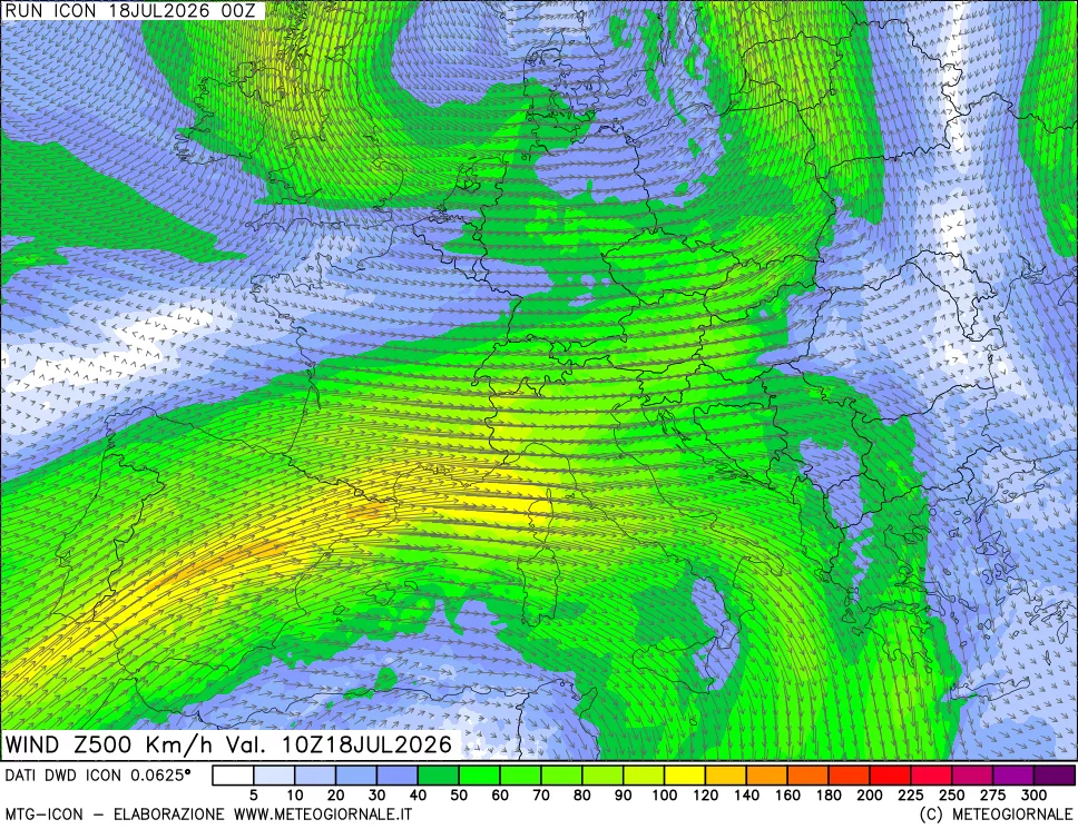 mappa 500 hPa Vento forza e direzione
