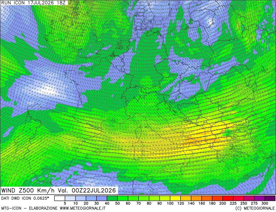 mappa 500 hPa Vento forza e direzione