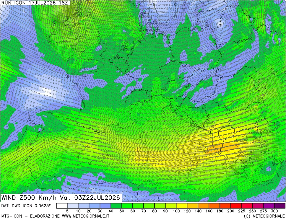 mappa 500 hPa Vento forza e direzione