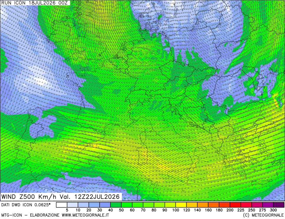 mappa 500 hPa Vento forza e direzione