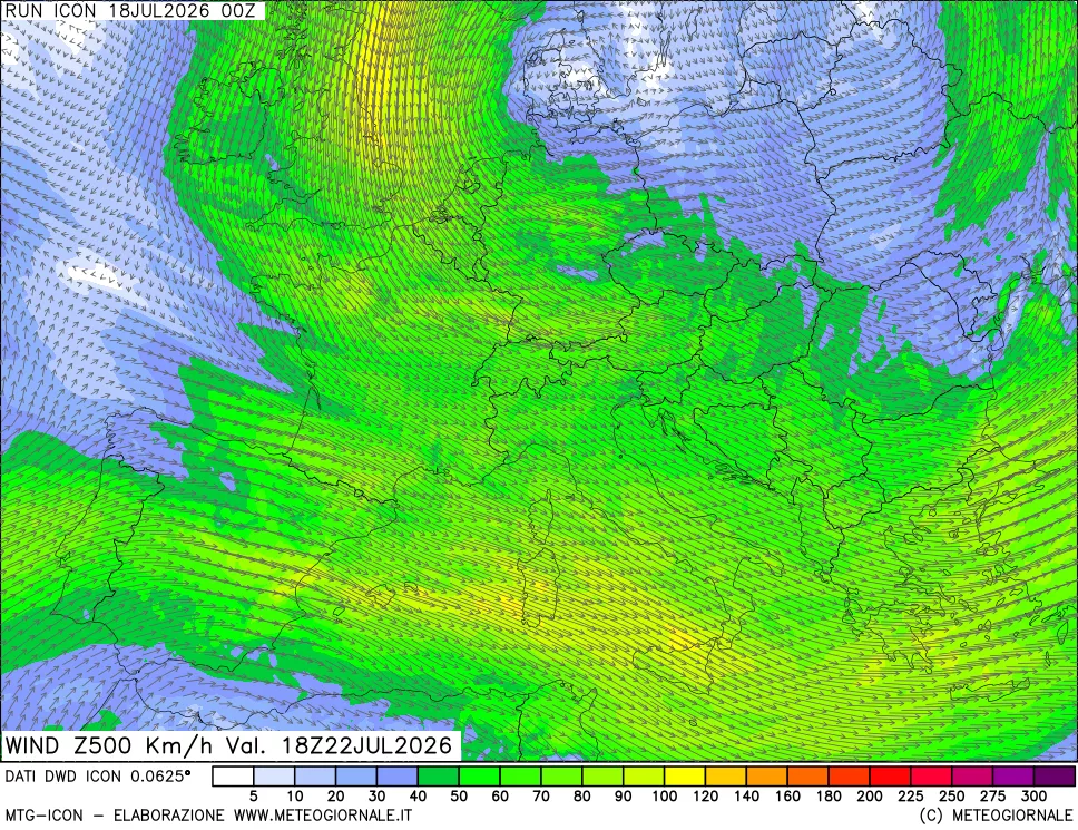 mappa 500 hPa Vento forza e direzione