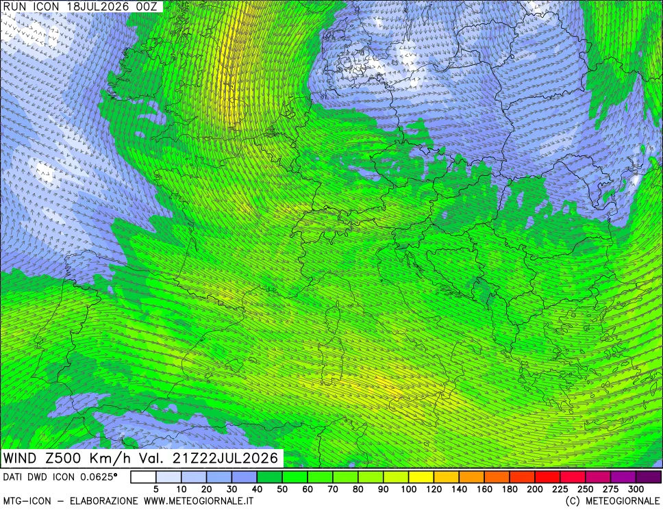 mappa 500 hPa Vento forza e direzione