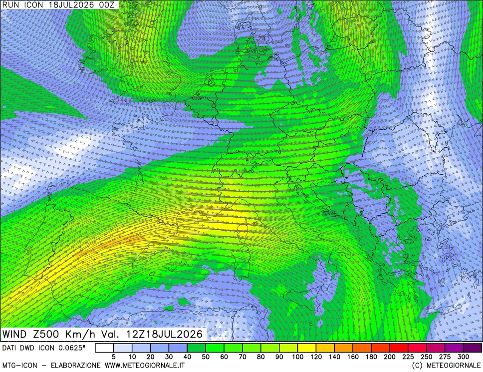 mappa 500 hPa Vento forza e direzione
