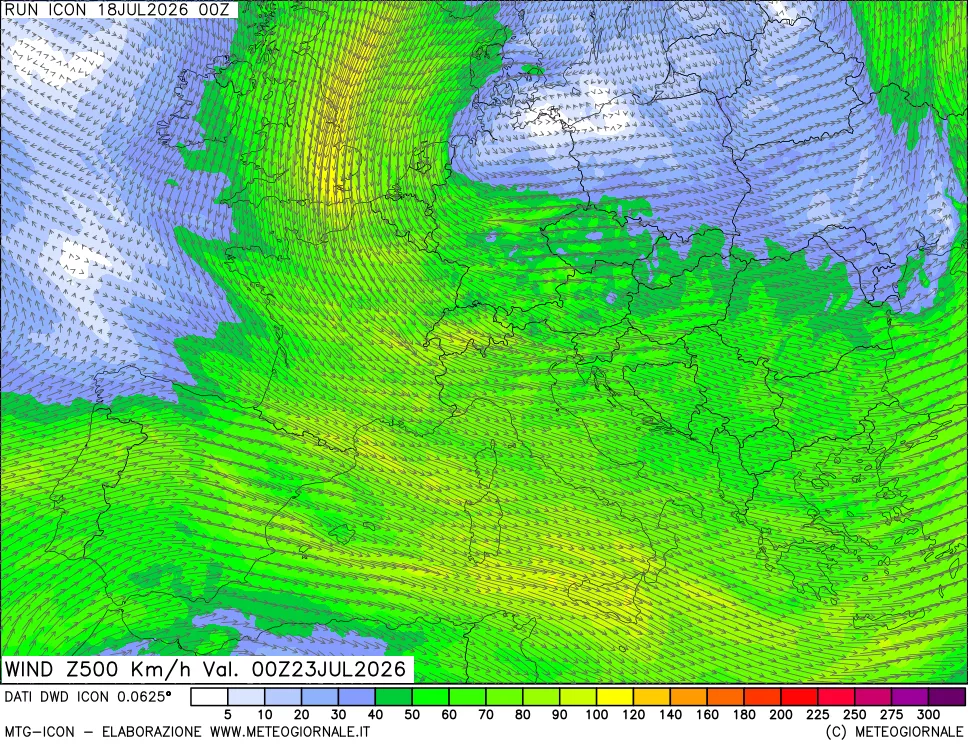 mappa 500 hPa Vento forza e direzione