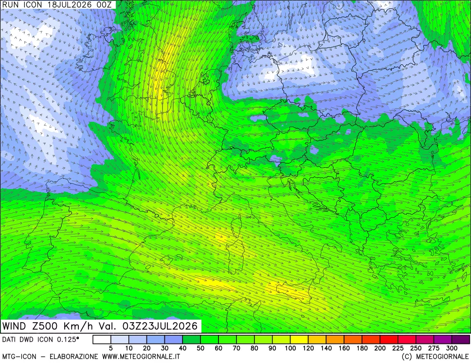 mappa 500 hPa Vento forza e direzione