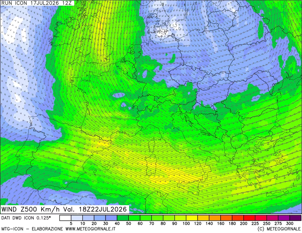 mappa 500 hPa Vento forza e direzione