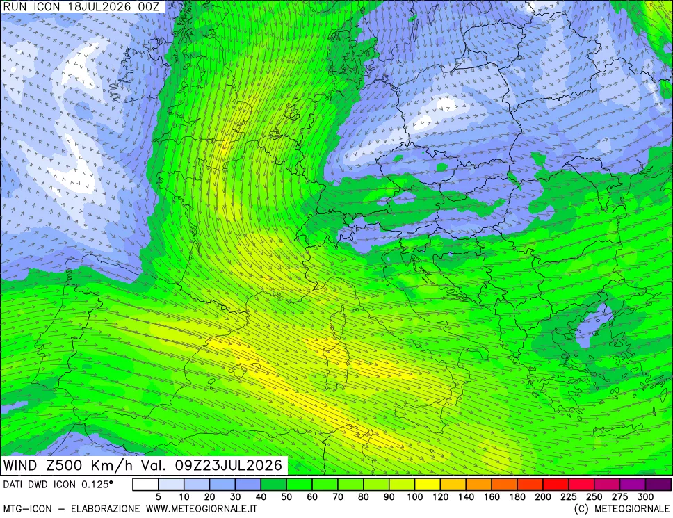 mappa 500 hPa Vento forza e direzione