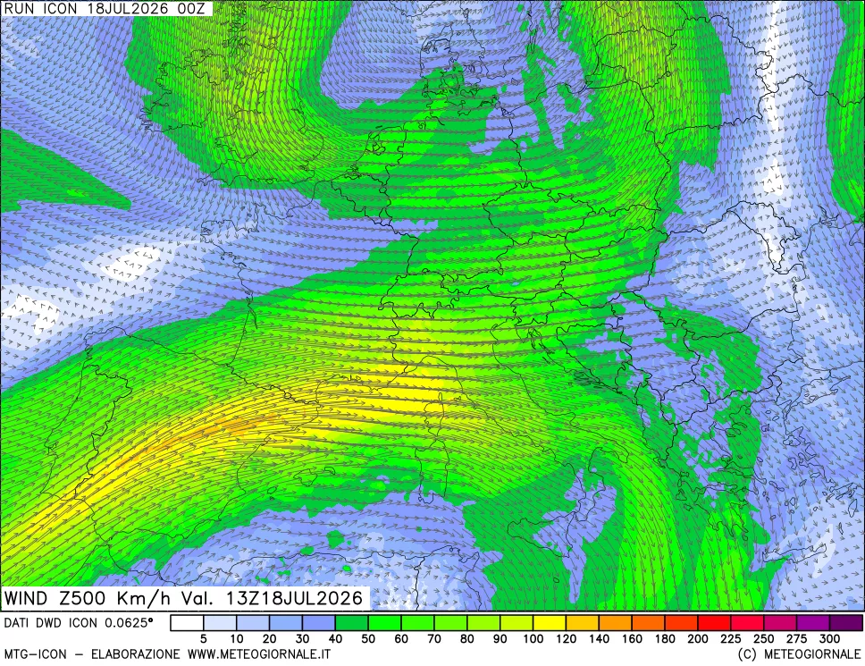 mappa 500 hPa Vento forza e direzione