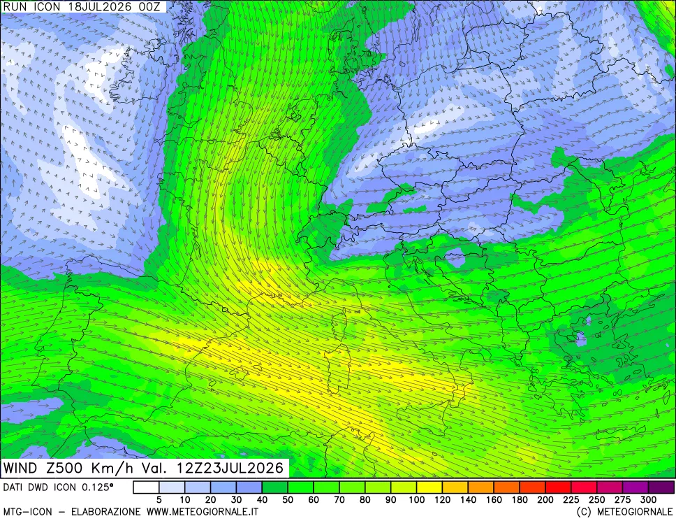 mappa 500 hPa Vento forza e direzione