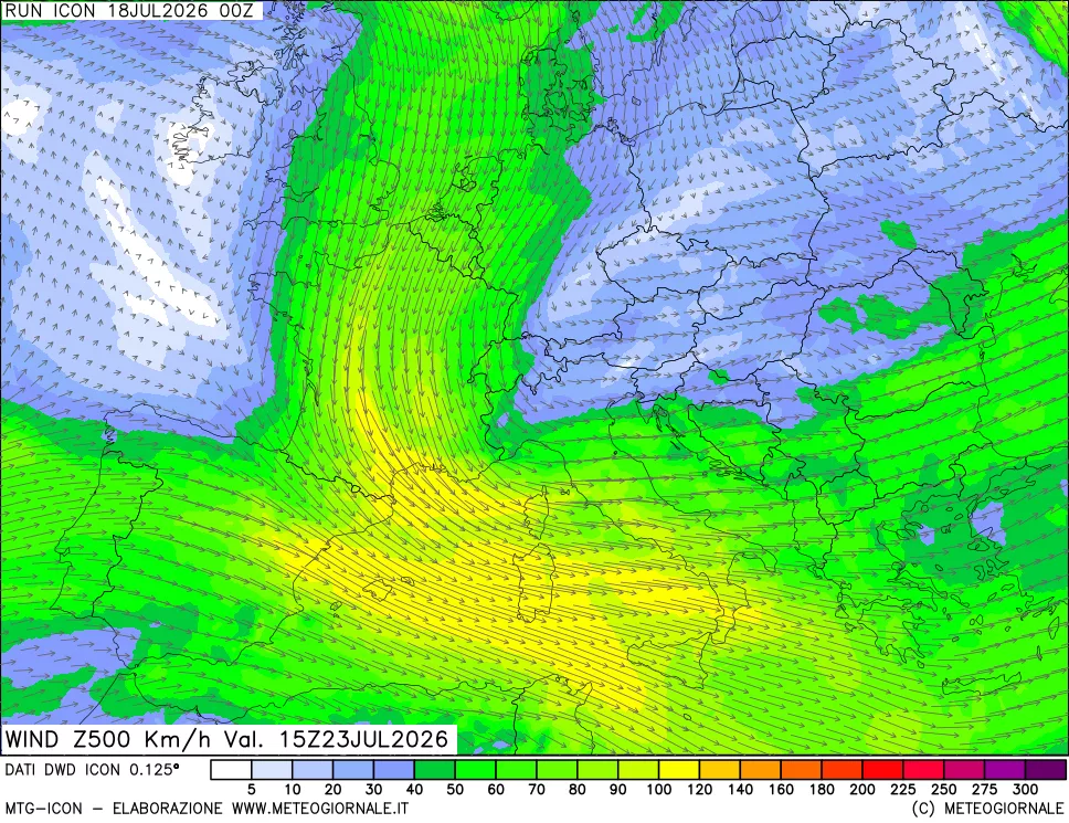 mappa 500 hPa Vento forza e direzione