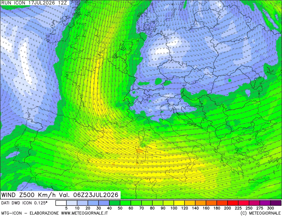 mappa 500 hPa Vento forza e direzione