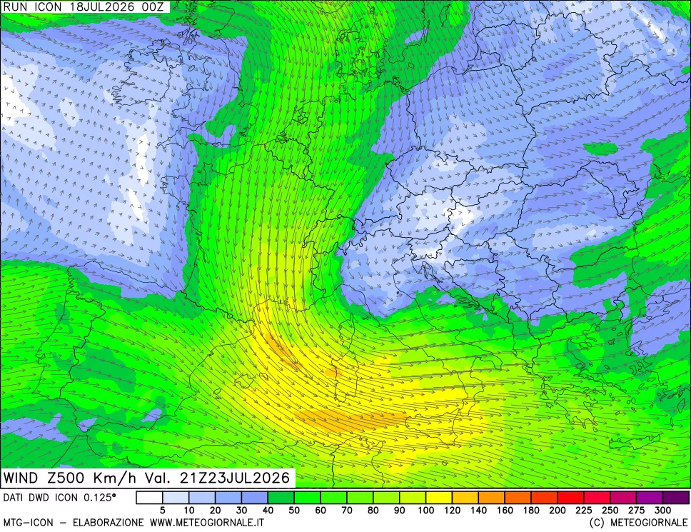 mappa 500 hPa Vento forza e direzione