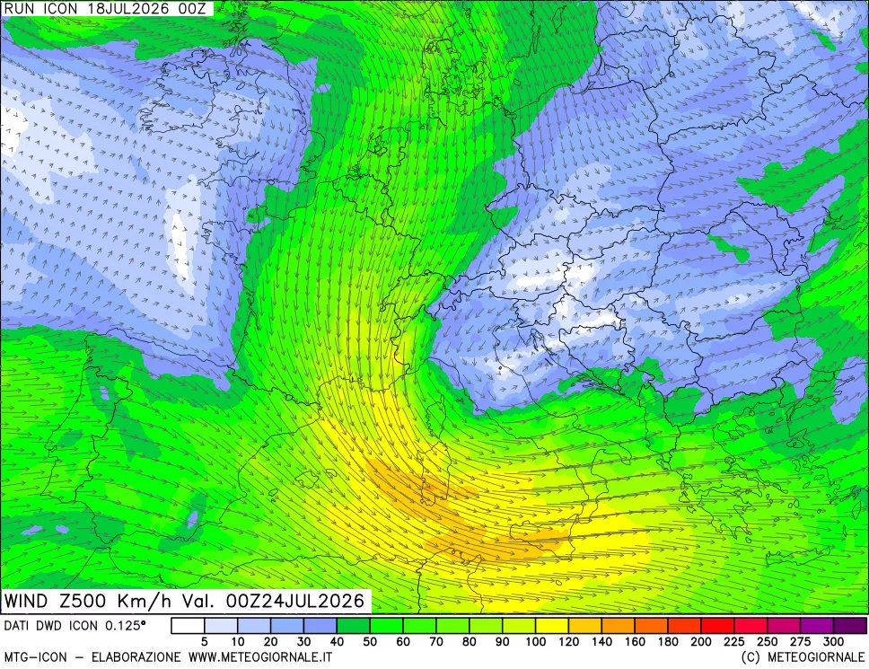 mappa 500 hPa Vento forza e direzione
