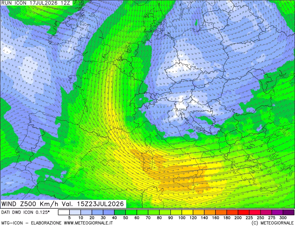 mappa 500 hPa Vento forza e direzione